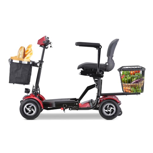 PORIYA 2026 Compact Folding Mobility Scooter with 24V Lithium Battery, 150KG Capacity, 35KM Range, Lightweight and Portable with Safety Features and Removable Baskets (Red with basket)