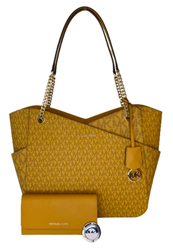MICHAEL Michael Kors Jet Set Travel Large Chain Shoulder Tote bundled with Trifold Wallet and Michael Kors Purse Hook (2021 Signature MK Marigold)
