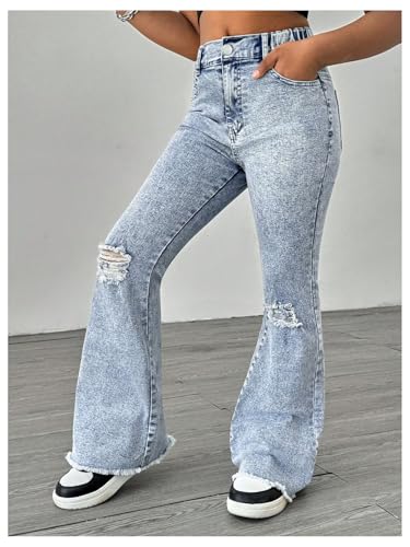GORGLITTER Girl's Ripped Jeans Distressed High Waist Bell Bottom Denim Pants with Pockets3