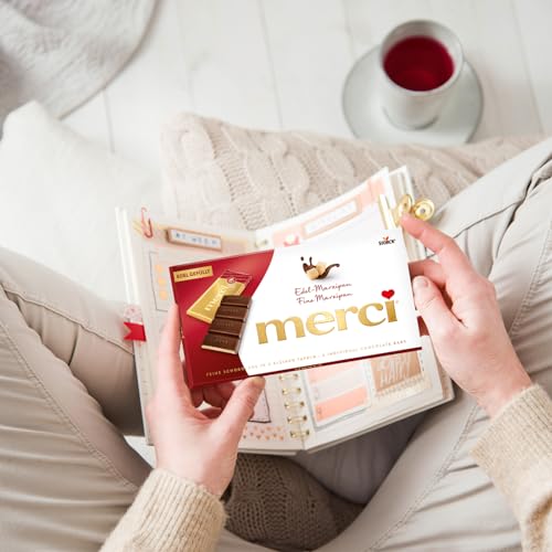 merci Tafelschokolade Edel-Marzipan – 1 x 112 g – Feinste Täfelchen aus Edel-Zartbitterschokolade mit 38% Marzipan Füllung – Schokolade in Goldpapier verpackt