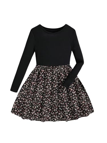 MakeMeChic Girl's Floral Print Crew Neck High Waisted Mini Dress Long Sleeve Flared Dresses