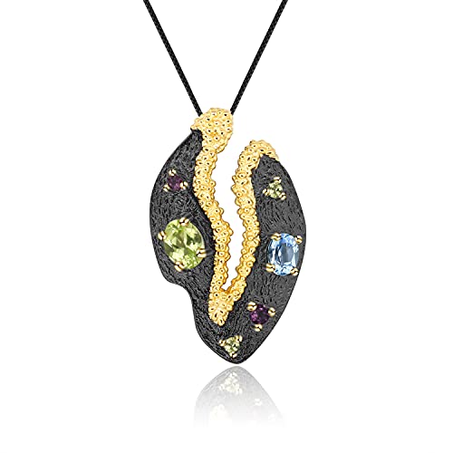 Kemstone Designer Gemstone Necklace S925 Sterling Silver with Natural Peridot/Amethyst/Topaz Pendant,18
