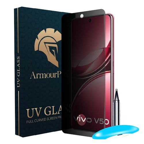 Image of ArmourPro UV Privacy Tempered Glass Screen Protector for Vivo V50 and Vivo V50e (6.77 Inch, Pack of 1) Edge to Edge Full Screen Coverage | Anti-Spy, Anti-Peeping & 9H Hardness Glass