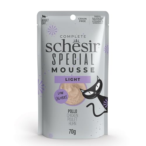 Schesir Special Light, Filetes de Pollo en Mousse, Alimento Húmedo Completo para Gatos, en Bolsa, Grain Free, Alto Contenido de Proteínas, Rico en Hidratación, 12 x 70g