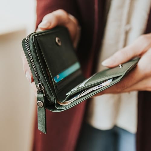 Image of BERLINER BAGS Genuine Leather Small Wallet Women Sara, Gift Box - Green | Soft Leather Bifold Zip Wallet, Fits Purses & Crossbody Bags, 8 Card Slots, Zipped Coin Pocket, RFID Blocking