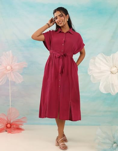 Image of Amazon Brand - INKAST Women Wide Shirt Collared Solid A -line Bottun Down Maxi Dress with Tie Belt | Flared Short Sleeve Summer Outfits | 100% Cotton | Casual Wear | One Piece