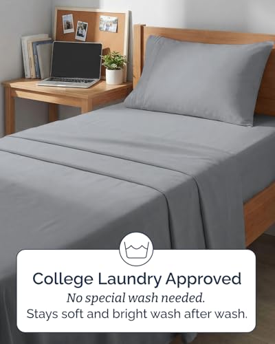 Image of Twin XL 4 Piece Sheet Set - College Dorm Room Essentials - Steel Blue | Ultra Soft Dorm Bedding Set, 8 inch to 16 inch Inch Deep Pockets, 1 Flat & 1 Fitted Sheet & 2 Pillowcases, Wrinkle & Fade Free