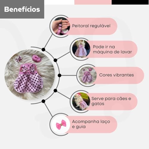 Coleira Peitoral Rosa com Bolinha Guia Pet Saia Vestido Roupa Cachorro Gato Lacinho (M)