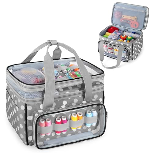 Image of LUXJA Double-Layer Sewing Storage Organizer with Transparent Compartment, Large Sewing Organizer Bag with Detachable Divider for Sewing Supplies (Bag Only), Polka Dots