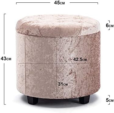 HNNHOME 45cm Round Crushed Velvet Padded Seat Ottoman Storage Stool Box, Footstool Pouffes Chair with Lids (Silver Pink, Crushed Velvet)
