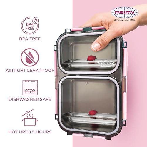 Image of Asian Plastowares - 2 Insulated Lunch Box | Tiffin Box - Leak-Proof, Airtight | Lunch Box for Kids & Adults | Durable & Spill-Free School, Office, and College Tiffin | Light Pink