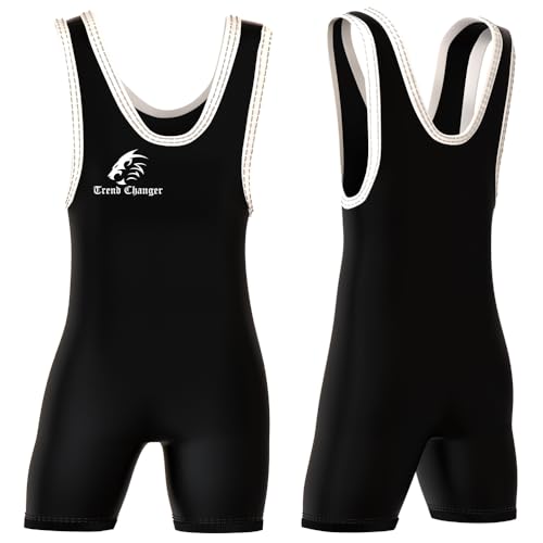 Trend Changer Kids Wrestling Singlet, Unisex, Comfortable, Breathable, Stretchable For Training & Gymnastics (Black/White, Medium (Youth))