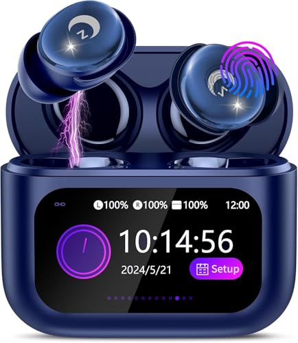 VEKJ Wireless Earbuds with Smart Touch Screen, Mini Sleep Earbuds Bluetooth 5.4 Headphones In Ear with Noise Cancelling Mic, 48H Bass Stereo Ear Buds, 5 EQ Modes/IP7 Waterproof Earphones Blue