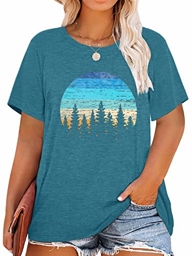 MK Shop Limited Plus Size Tops for Women Cute Vintage Graphic Tee Sunrise Camping Funny Print Casual Nature Travel Shirt