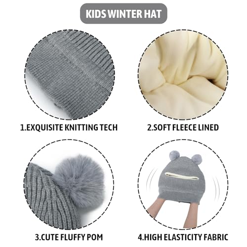 Kids Winter Hat Scarf Set for Baby Girls Boys, Toddler Knit Beanie Hat for Infant with Warm Fleece Lined Pom4