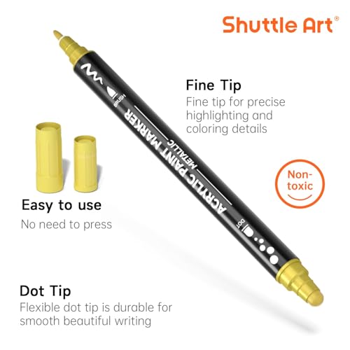 Image of Shuttle Art 28 Metallic Colors Dual Tip Acrylic Paint Markers, Dot Tip and Fine Tip Acrylic Paint Pens for Rock, Ceramic, Wood, Canvas, Plastic, Glass, Stone, Calligraphy, Card, DIY Football Crafts