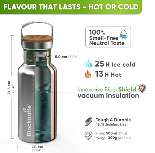 Blockhütte Stainless Steel Water Bottle I 500ml I Insulated Metal Flask, BPA Free, Leakproof, Dishwasher Safe, Ideal for Gym, Travel, Home Use, Cold Drinks, Reusable, with Cleaning Brush