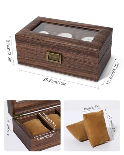 Image of Uten Watch Box 3 Slots, Watch Case Organizer with Real Glass Lid, Wood Grain PU Leather Watch Display Storage Box with Removable Imitation Suede Watch Pillows, Metal Clasp