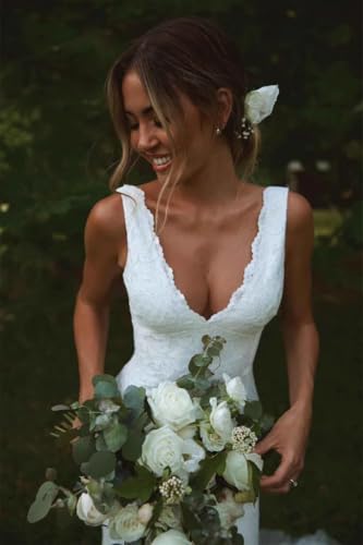 Lace Appliques Wedding Dresses with Slit for Bride V Neck Mermaid Beach Bridal Gowns for Women4