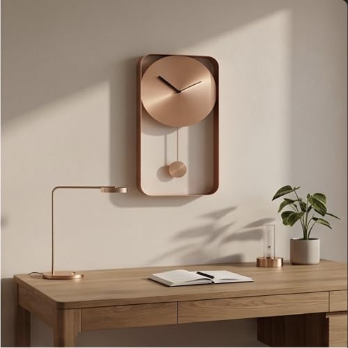 Image of The Artment your artistic apartment Rose Gold Mono Clock Modern Minimalist Wall Mounted Pendulum Clock, Brushed Metal Finish, Sculptural Luxury Decor for Living Room, Bedroom, Home & Office Interiors