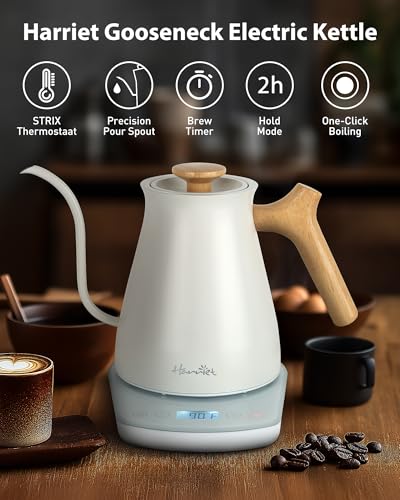 Image of Harriet Gooseneck Electric Kettle 1200W Fast Heat, 0.8L Stainless Steel, Precision Temp Control & Timer, Wood Handle