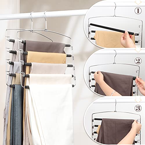 Clothes Pants Slack Hangers 5 Layers Non Slip Closet Storage Organizer Space Saving Hanger With Foam Padded Swing Arm For Pants Jeans Scarf Trousers Skirts (Updated Version-4Pcs Black) #TOP5