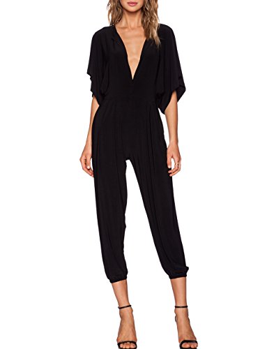 May&Maya Women's Plunging Neckline Pleats Waist Gathered Elastic Leg Openings Dolman Half Sleeves Jumpsuit Romper Playsuit(Black, M)
