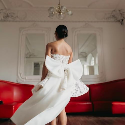 Satin Short Wedding Dresses for Bride with Bow Mini Bridal Shower Gown White Reception Dress for Women ZXLW00034