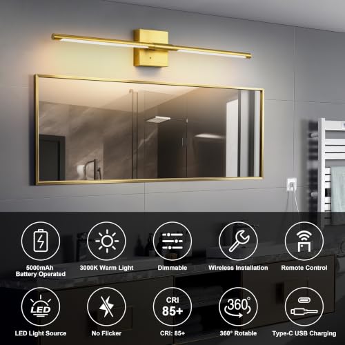 Image of Morauroral 36 Inch Battery Operated Wall Sconces Set of 2, Dimmable Battery Wall Sconce with Remote Control, Painted Gold LED Rechargeable Sconces, Modern Wireless Wall Lights for Bedroom, Living Room