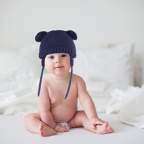 Winter Baby Hat Baby Gloves,Pom Pom Hat with Ear Flaps and Chin Ties Toddler Knitted Warm Beanie Cute Hat Gloves Set for Newborn Baby Girls Boys 1-4 Years
