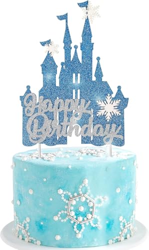 Castillo de hielo Decoración para Tartas, Decoracion Tarta Cumpleaños Princesa de hieli, Happy Birthday Topper, Decoración de Pasteles para Fiestas Cumpleaños Infantiles, Baby Shower (E)