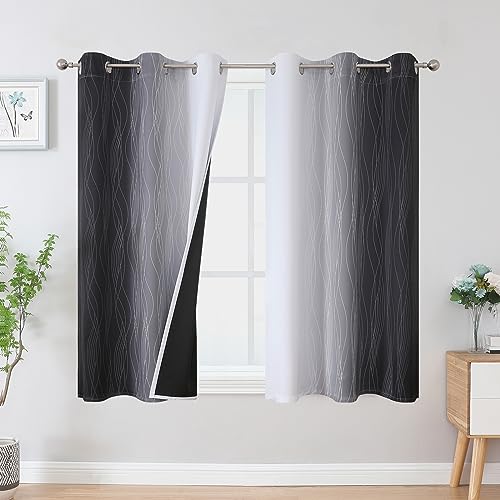 Estelar Textiler Black and Greyish White Blackout Curtains 54 Inch Length, Light Blocking Gradient Grommet Drapes for Kitchen, Thermal Insulated Ombre Curtains for Bathroom,42Wx54L,2 Panels
