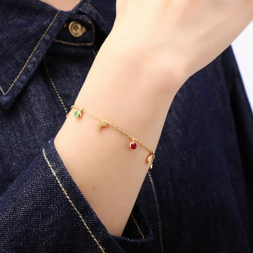 Image of 18K Gold Plated Stainless Steel Dainty Charms Colorful Crystal Birthstone Bracelet Minimalist Cute Jewelry for Women