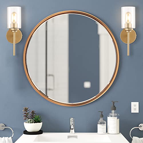 Image of JONATHAN Y 13 inch Brass Gold /Clear Industrial Farmhouse LED Wall Sconce, with Clear Glass Cylinder Shade, 1-Light Iron Vanity Light for Bathroom Mirror Hallway Bedroom (JYL9547B)