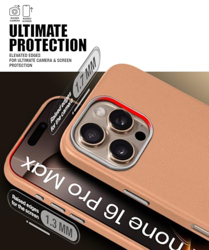 Image of WOW IMAGINE Back Cover for iPhone 16 Pro Max | Shockproof Tough Leather Texture Hard Mobile Case | Ultra Slim Non-Slip Grip | Inner Velvet Fabric | Metal Camera Ring - Tan Brown