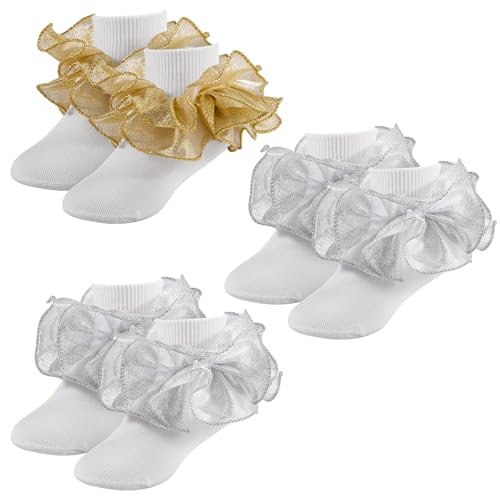 Girls Ruffle Socks Toddler Girl Gold Silver Glitter Double Lace Frilly Dress Socks Turn Cuff Sparking Pageant Sock
