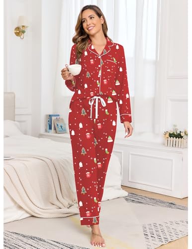 Image of Veseacky 100% Cotton Women's Pajama Set Long Sleeve Button Down Sleepwear Soft Pjs Lounge Sets Nightwear Pjs XS-XXL