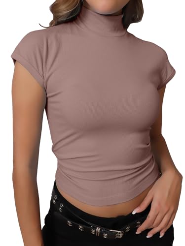 Dwnval Camisas de moda para mujer, cuello alto falso, manga casquillo, ajustadas, acanaladas, para verano 2025, pimento, Large