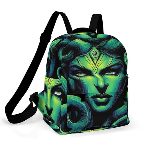 Mini Travel Bag for Women, Greek Goddess Snake Queen Medusa Green Art Small Lightweight Backpack Water-Resistant Adjustable Straps Casual Daypack for Daily Work Office