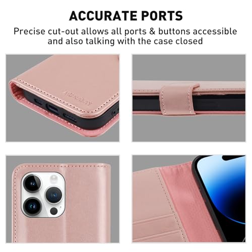 Image of MONASAY Vegan Leather Fit for iPhone 14 Pro Max 5G Wallet Case, 6.7-inch, [Glass Screen Protector Included] [RFID Blocking] Flip Folio Phone Cover with Credit Card Holder,Rosegold