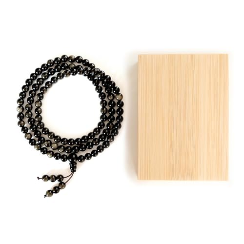 Tibetan Natural Black Obsidian Mala Beads 108 Protection Healing Crystal Beaded Bracelets Meditation Golden Sheen Mala Necklace for Women Men Buddhist Energy Prayer Beads Japa Mala (6mm)