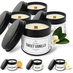 SORILINA Set 4 Velas Aromáticas de Vainilla con Caja Regalo y Cerillas Hechas a Mano Artesanal Soja Mecha de Madera Crepitante 80gr/u 20h/u (Sweet Vanilla)