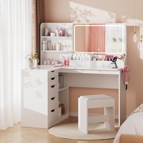 Airfish Tocador de Maquillaje Grande con Taburete, Mesa de Maquillaje en L de Esquina con Espejo y Luces LED, Tocador con Enchufes y Soporte para Secador, 5 Cajones Moderno, 120x65x136CM Blanco