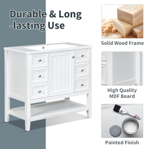 Image of Favfurish 36 inch Bathroom Vanity with Ceramic Sink,Undermount Single Basin Bath Vanity Set w /Soft-Close Door and 3 Drawers,Modern Freestanding Storage Cabinet w /Open Shelf,Solid Wood Frame,White