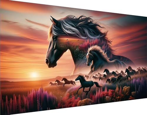 Large Diamond Art Kits for Adults Horse Animals Diamond Painting Art Sunset Landscape Full Round Drill Kits Embroidery Rhinestone Diamond Crystal Craft Canvas Home Wall Decor 27.5 X 15.7inch