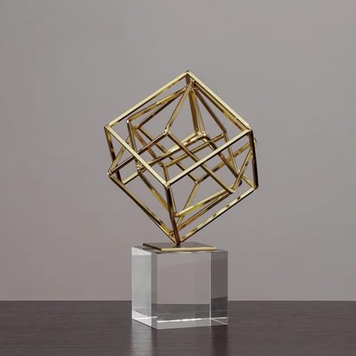 Escultura geométrica dorada moderna con base de cristal