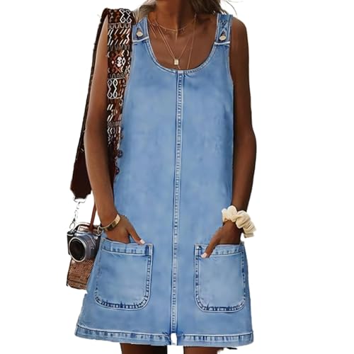 SUIUOI Damen Kurzes Jeanskleid,Slim Fit Denim Minikleid,U-Ausschnitt,Ärmellos Tank Tunika,A-Linie Casual Sommerkleid