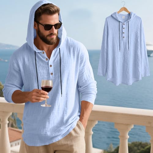 Mens Cotton Linen Long Sleeve Hoodies Casual Loose Button Down Drawstring Shirts Fall Lightweight Henley Clothes3