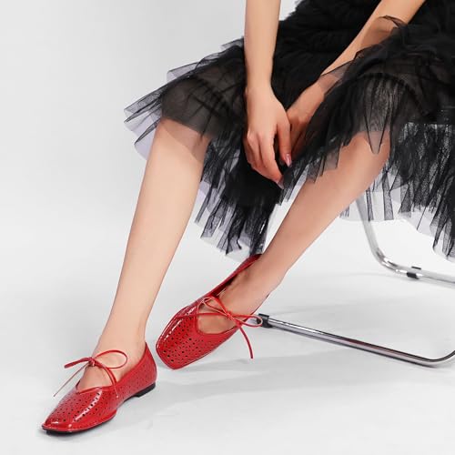 Seborluys Lace Up Ballet Flats for Women Square Toe Mary Jane Flats Bow Slip On Leather Comfortable Ballerina Shoes2