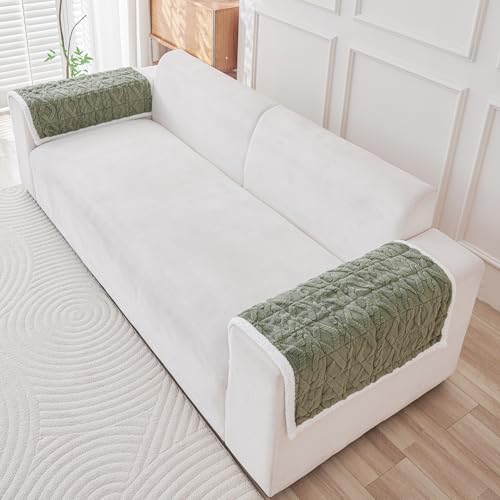 Image of HOKIPO 'Italian Caelora' Luxury Jacquard Plush Anti-Slip Sofa Armrest Covers | 1 Pair - Sage Green (AR-5953-GRN*2)